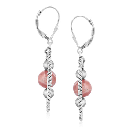 Southwestern Sterling Silver Rope and Rhodochrosite Bead Drop Earrings