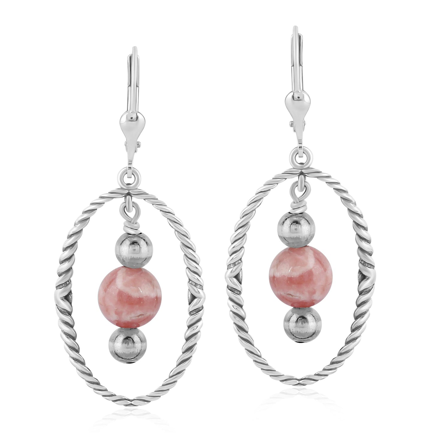 Southwestern Sterling Silver Rope and Rhodochrosite Bead Drop Earrings