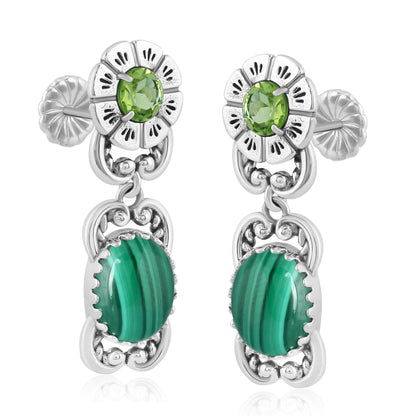 Sterling Silver Malachite Peridot Desert Bloom Dangle Earrings