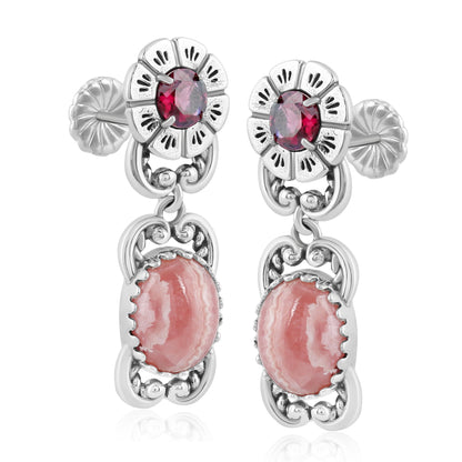 Sterling Silver Rhodochrosite Red Garnet Desert Bloom Dangle Earrings