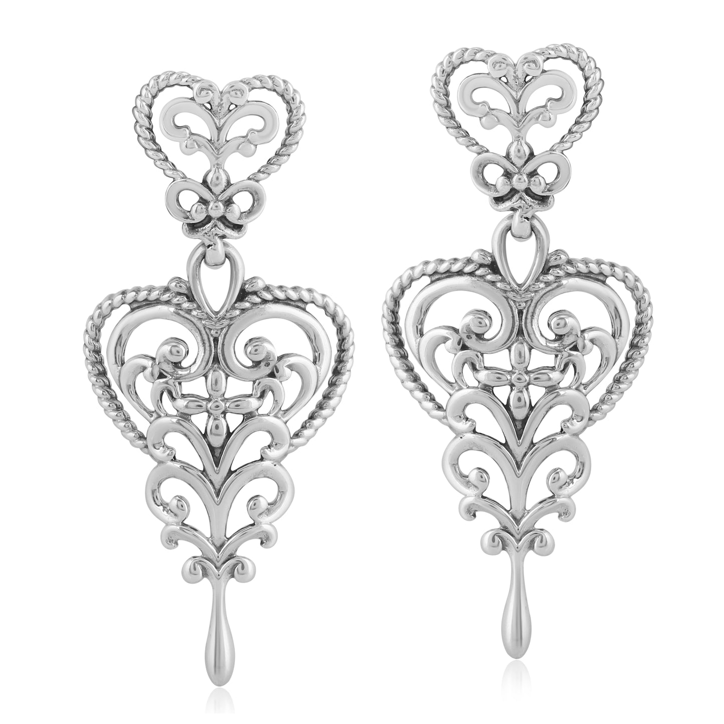 Sterling Silver Double Filigree Heart Drop Earrings