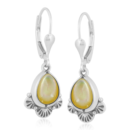 Sterling Silver Pear Shape Yellow Mother of Pearl Fan Lever Back Earrings