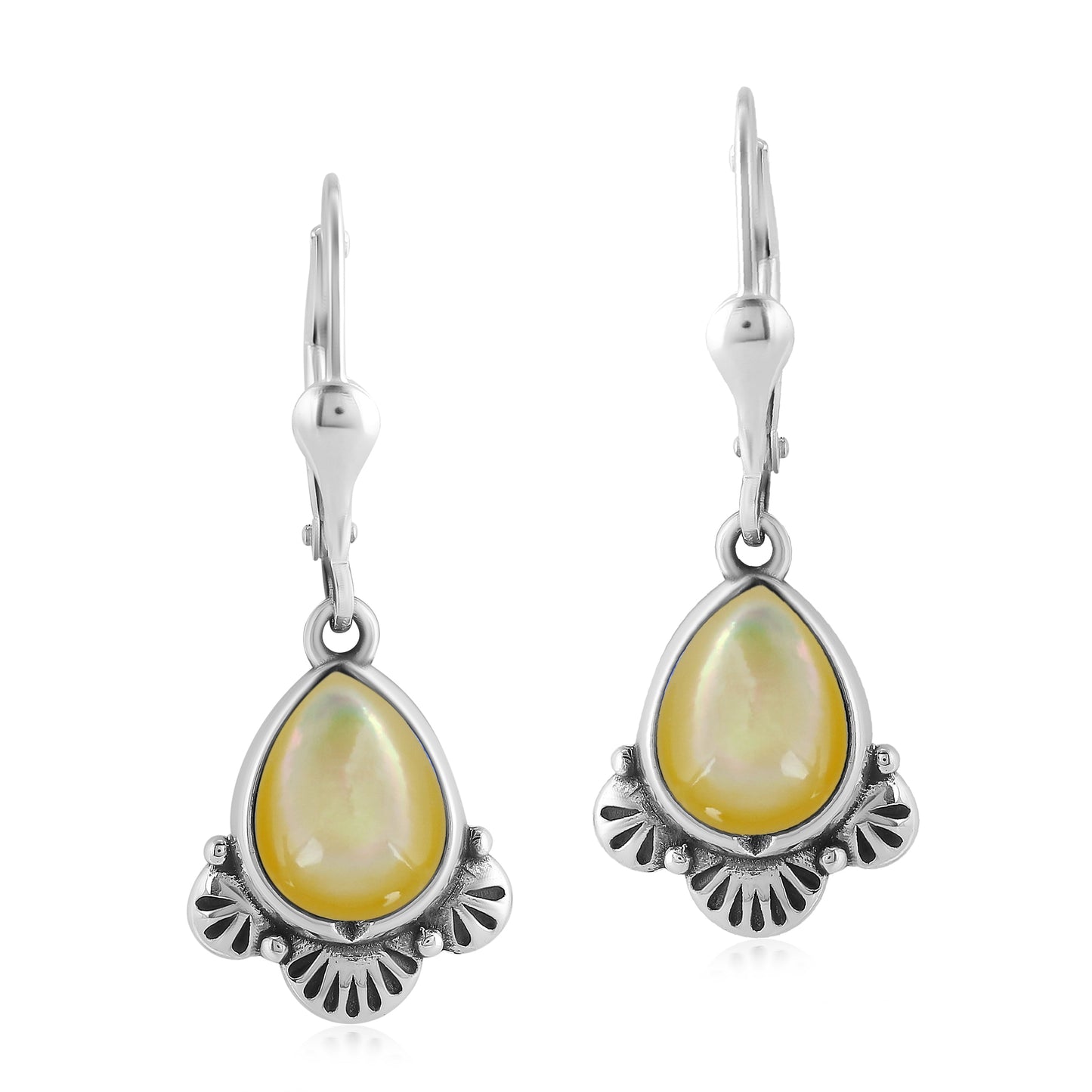 Sterling Silver Pear Shape Yellow Mother of Pearl Fan Lever Back Earrings