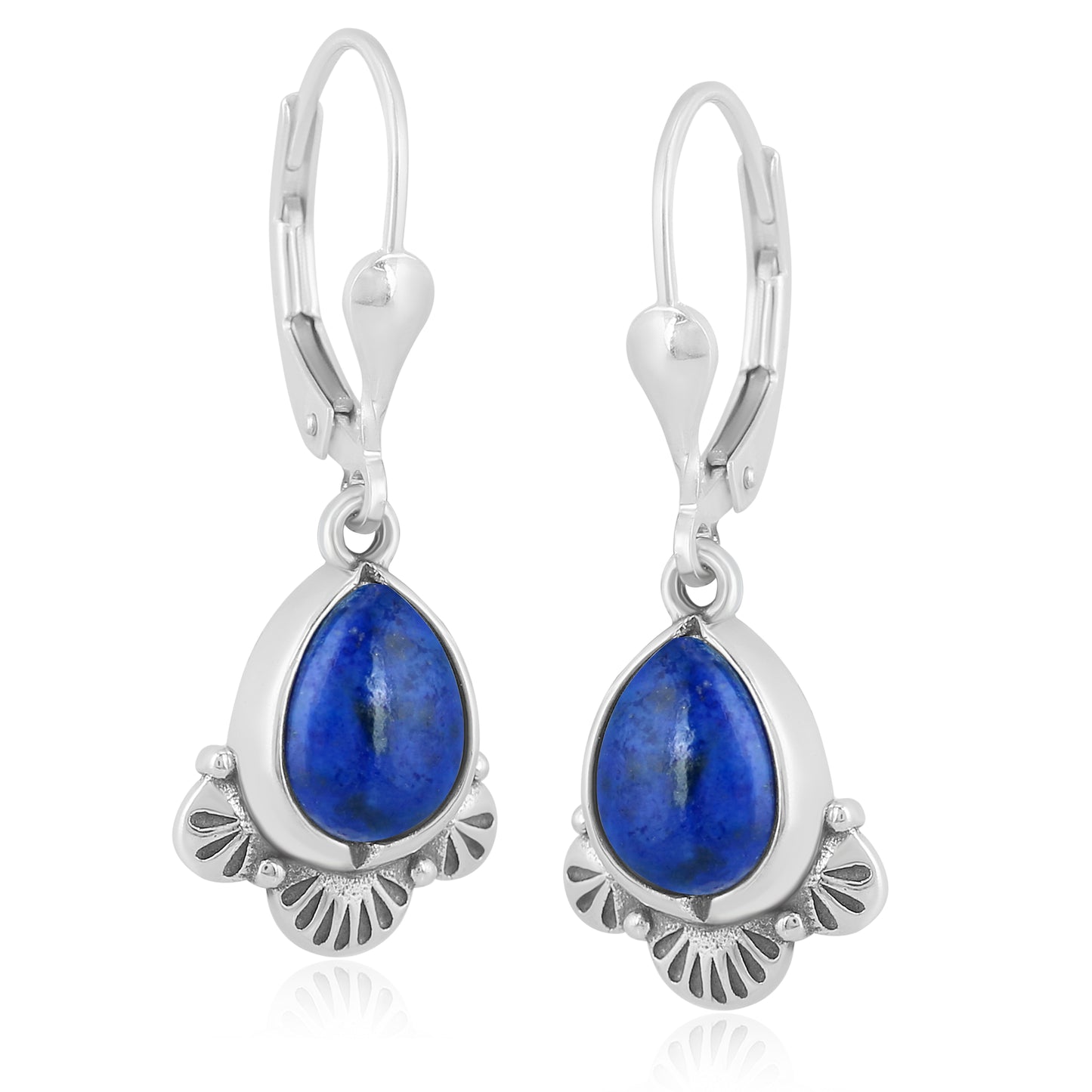 Sterling Silver Pear Shape Denim Lapis Gemstone Fan Lever Back Earrings