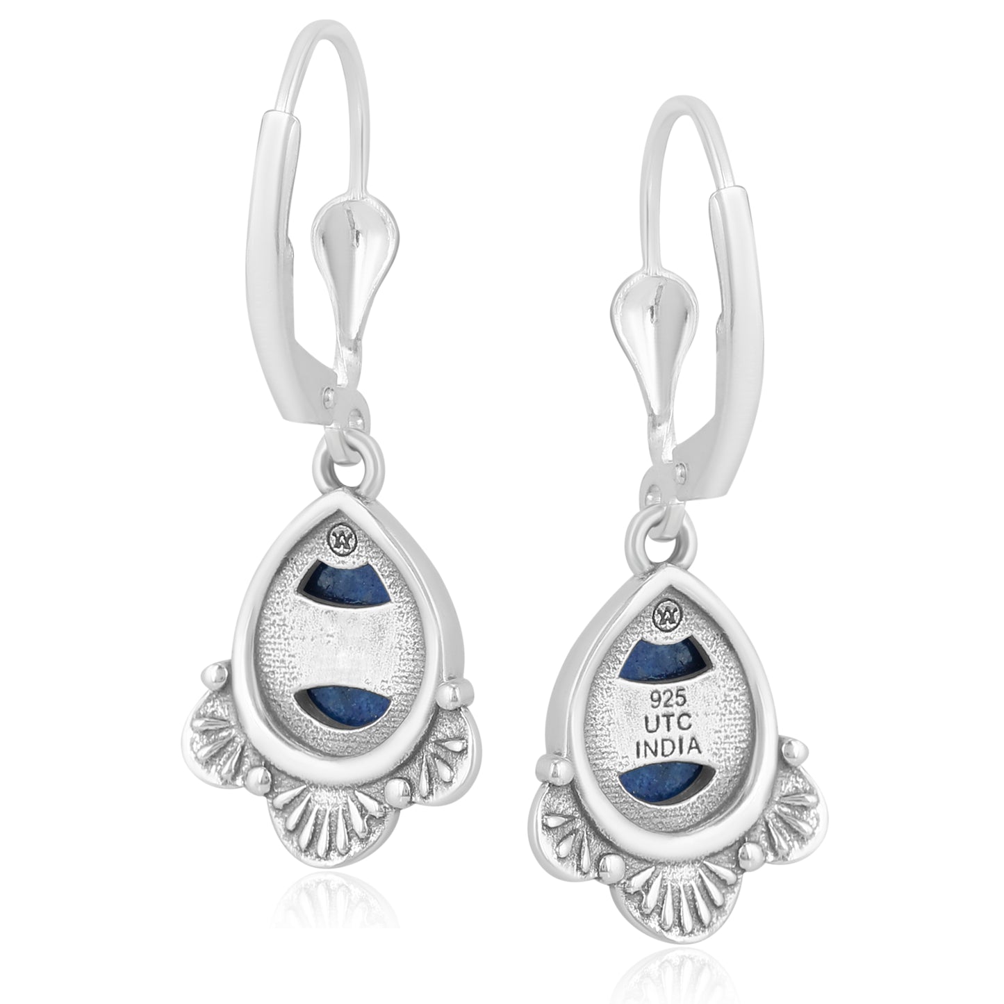 Sterling Silver Pear Shape Denim Lapis Gemstone Fan Lever Back Earrings