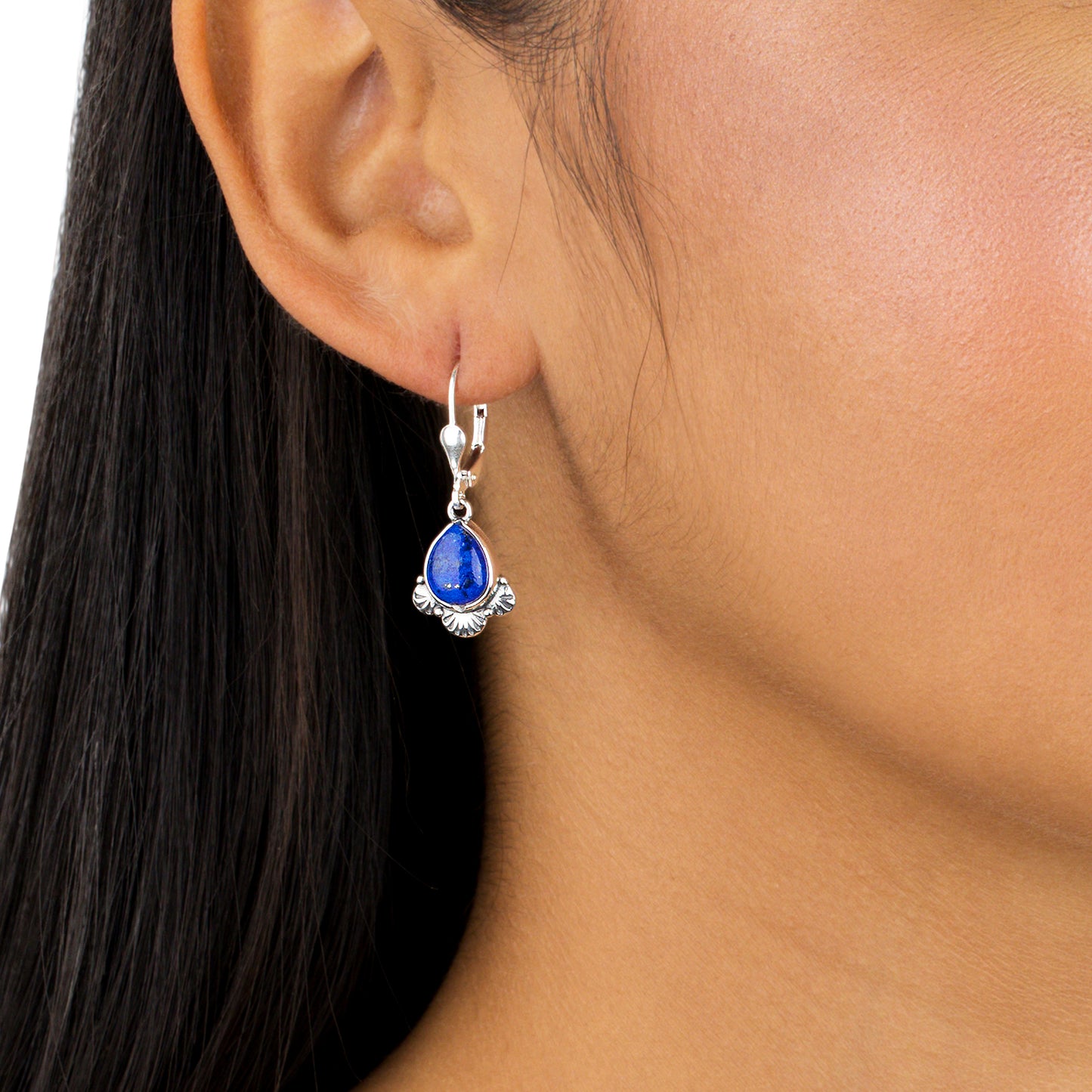 Sterling Silver Pear Shape Denim Lapis Gemstone Fan Lever Back Earrings