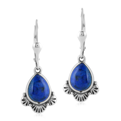 Sterling Silver Pear Shape Denim Lapis Gemstone Fan Lever Back Earrings