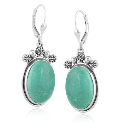 Sterling Silver Green Turquoise Oval-Cut Dangle Earrings