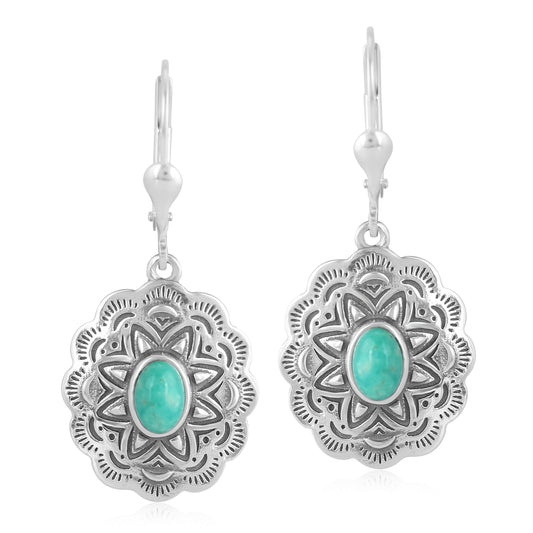 Sterling Silver Green Turquoise Gemstone Concha Lever Back Earrings