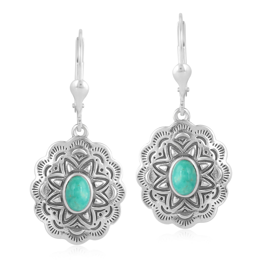 Sterling Silver Green Turquoise Gemstone Concha Lever Back Earrings