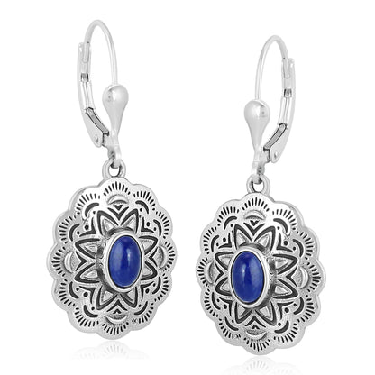 Sterling Silver Lapis Lazuli Gemstone Concha Lever Back Earrings