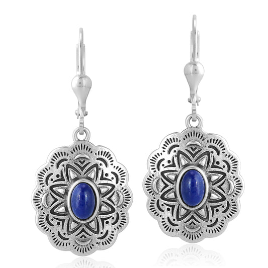 Sterling Silver Lapis Lazuli Gemstone Concha Lever Back Earrings