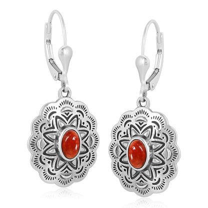 Sterling Silver Red Spiny Oyster Gemstone Concha Lever Back Earrings