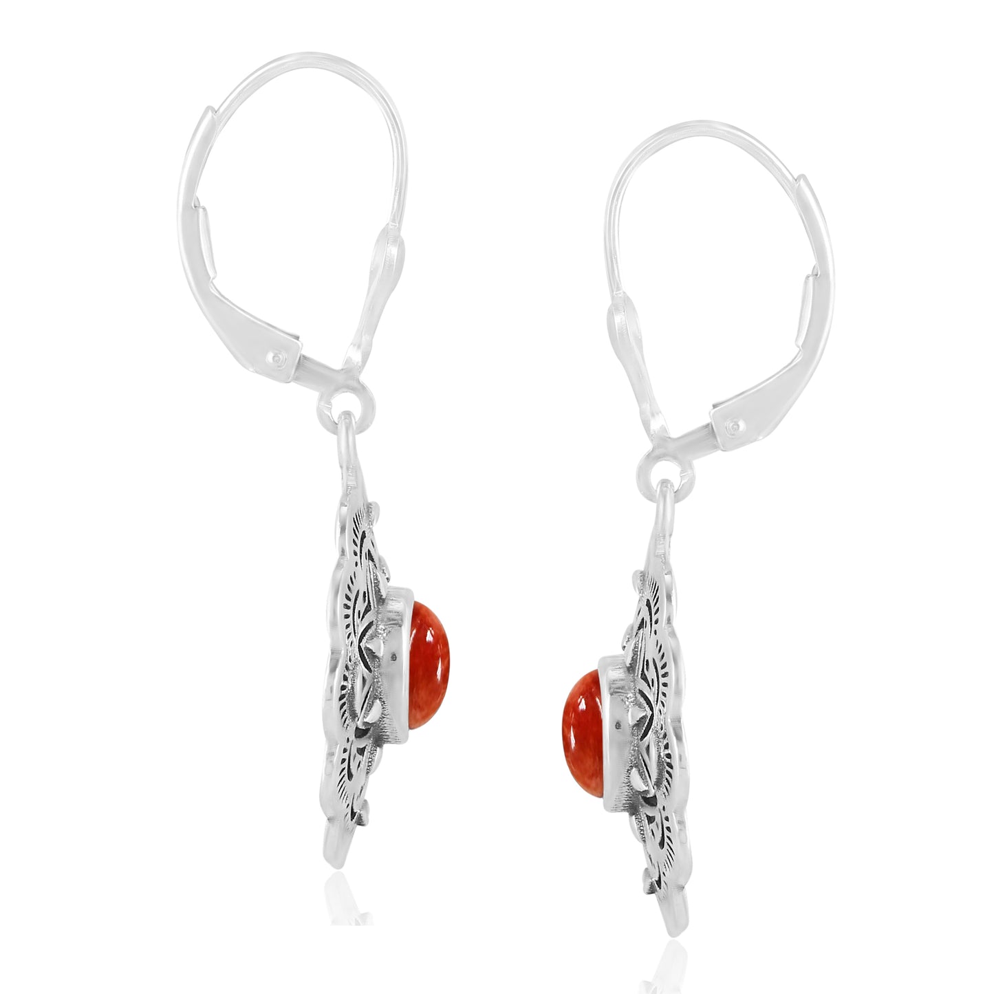 Sterling Silver Red Spiny Oyster Gemstone Concha Lever Back Earrings