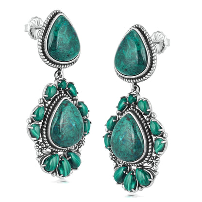 Sterling Silver Chrysocolla Malachite Chandelier Dangle Earrings