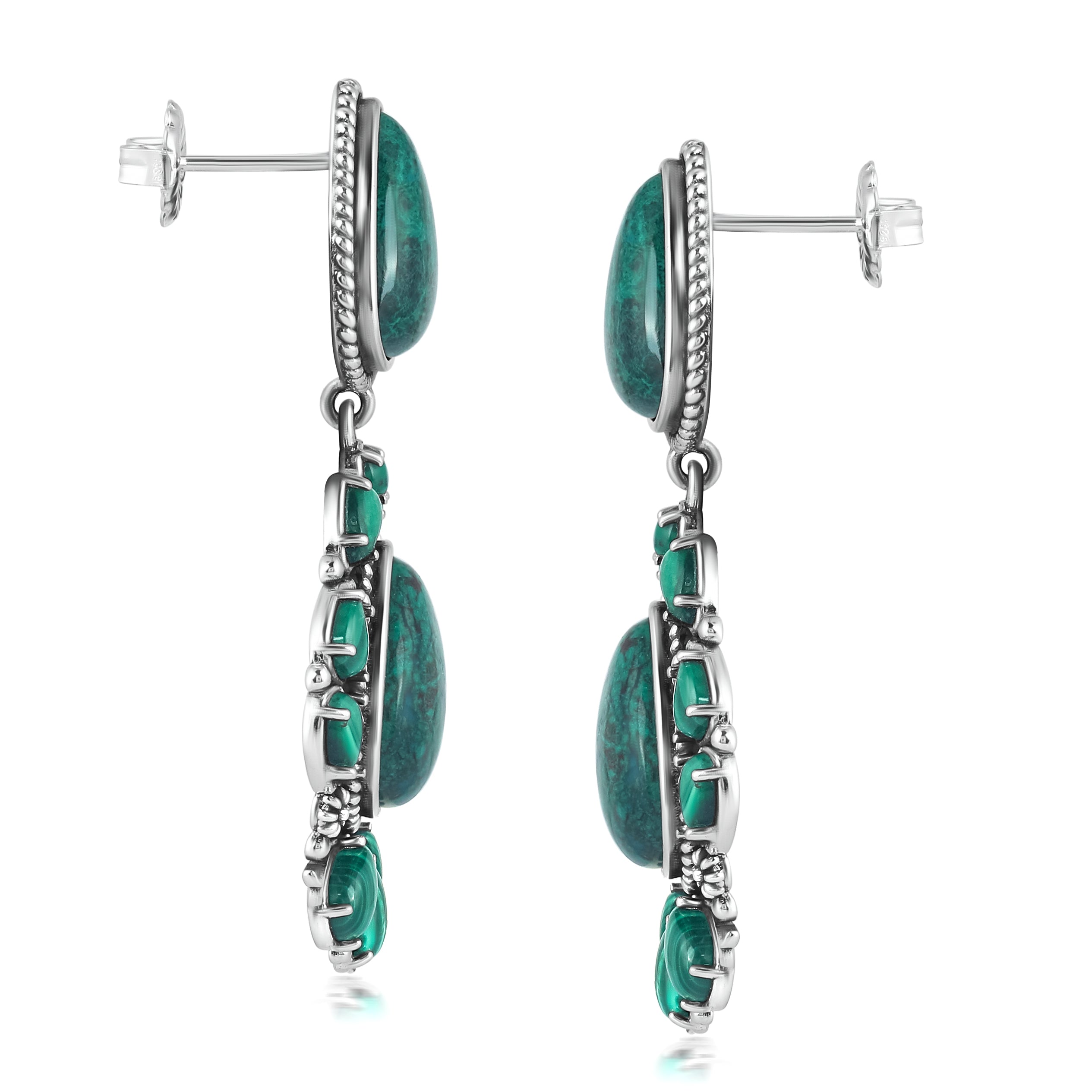 Unsigned sterling silver green malachite outlet beaded concho chandelier drop earrings