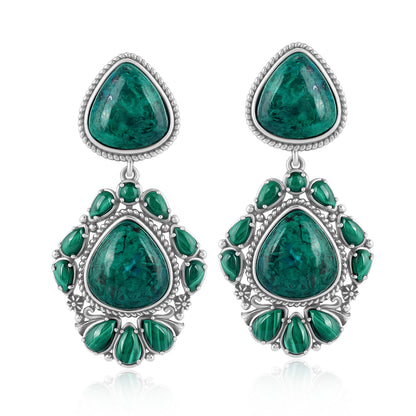 Sterling Silver Chrysocolla Malachite Chandelier Dangle Earrings