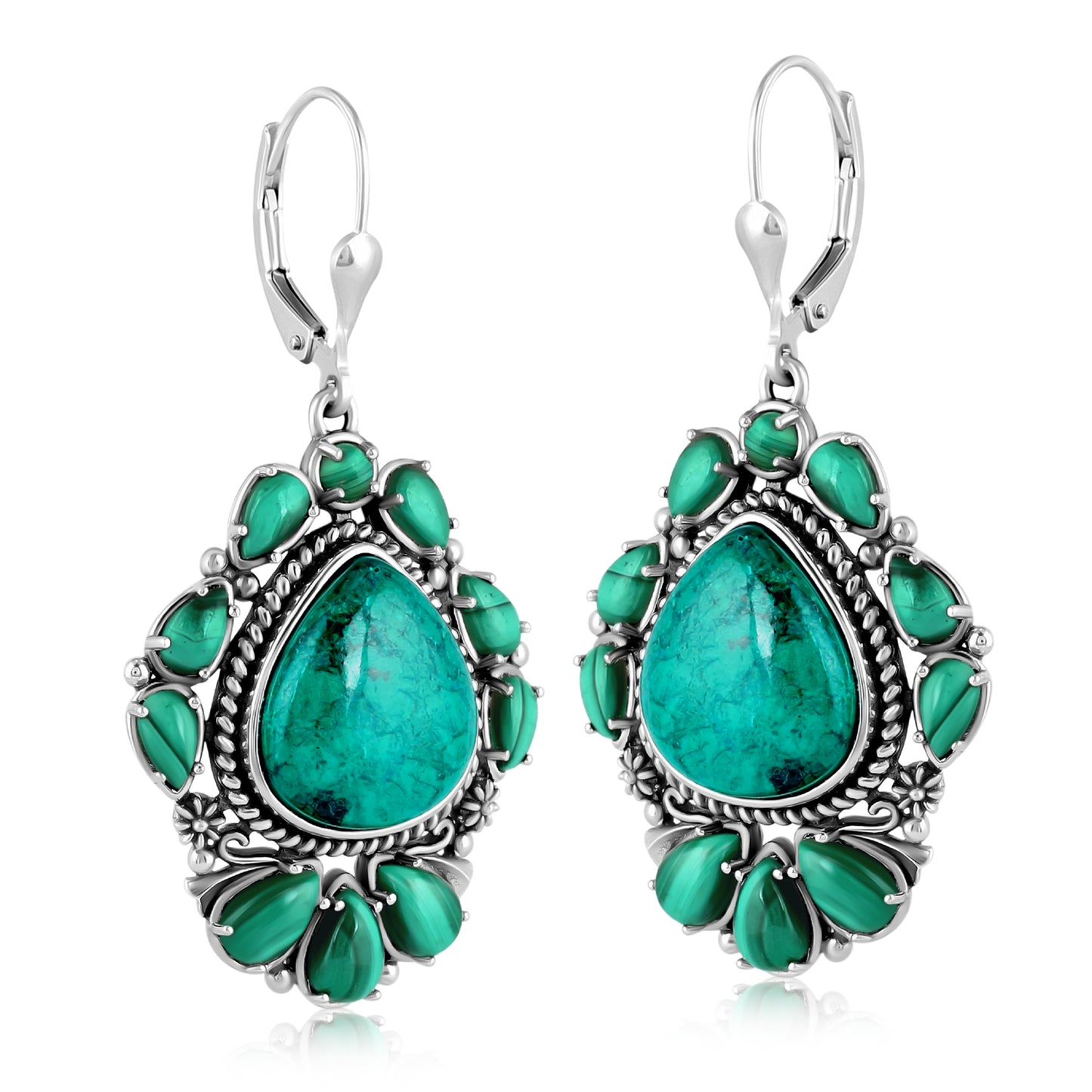 Sterling Silver Chrysocolla and Malachite Trillion Cut Dangle Earrings