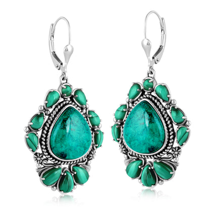 Sterling Silver Chrysocolla and Malachite Trillion Cut Dangle Earrings