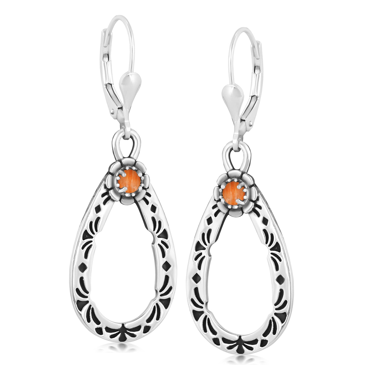 Sterling Silver Orange Spiny Oyster Gemstone Pear Shaped Lever Back Earrings