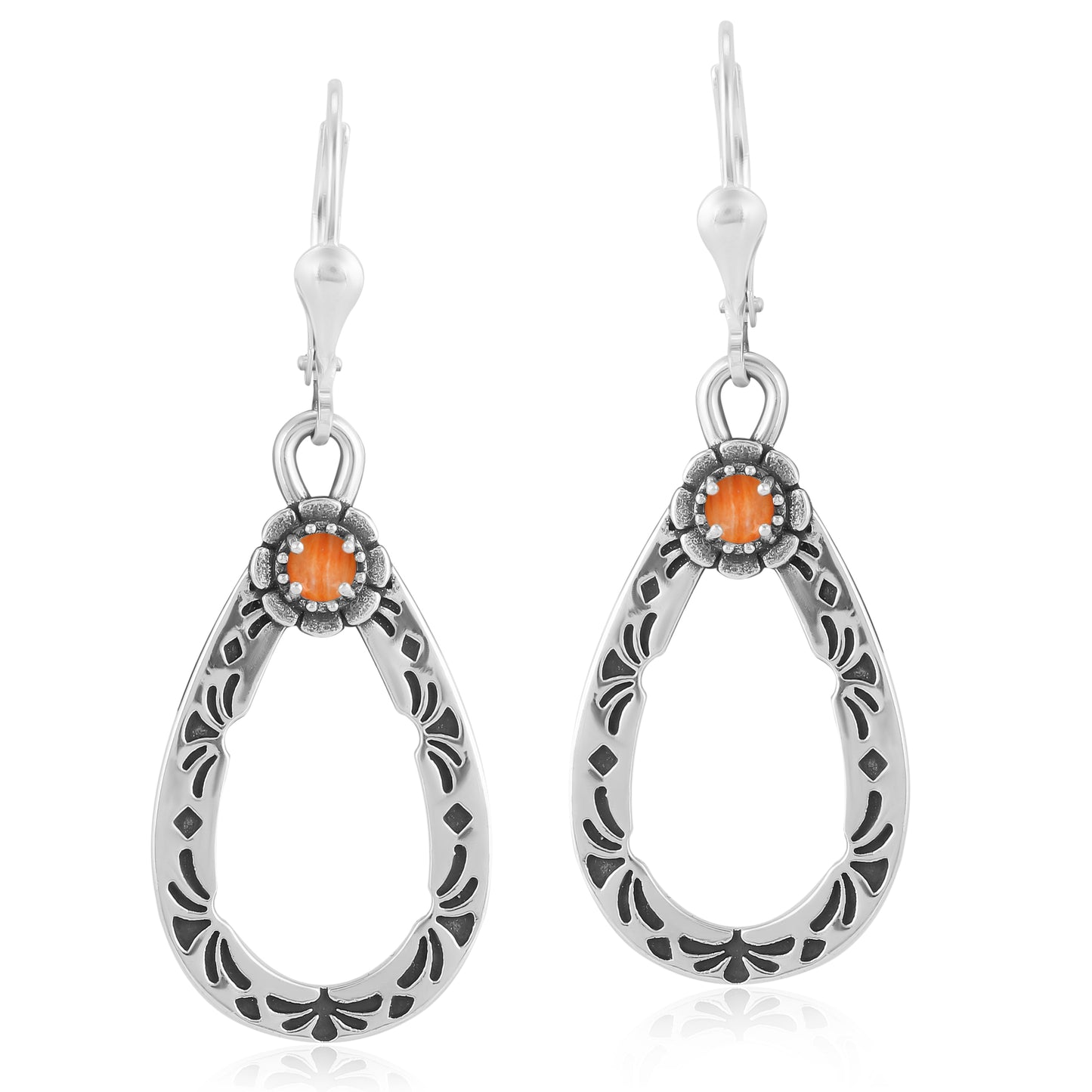 Sterling Silver Orange Spiny Oyster Gemstone Pear Shaped Lever Back Earrings