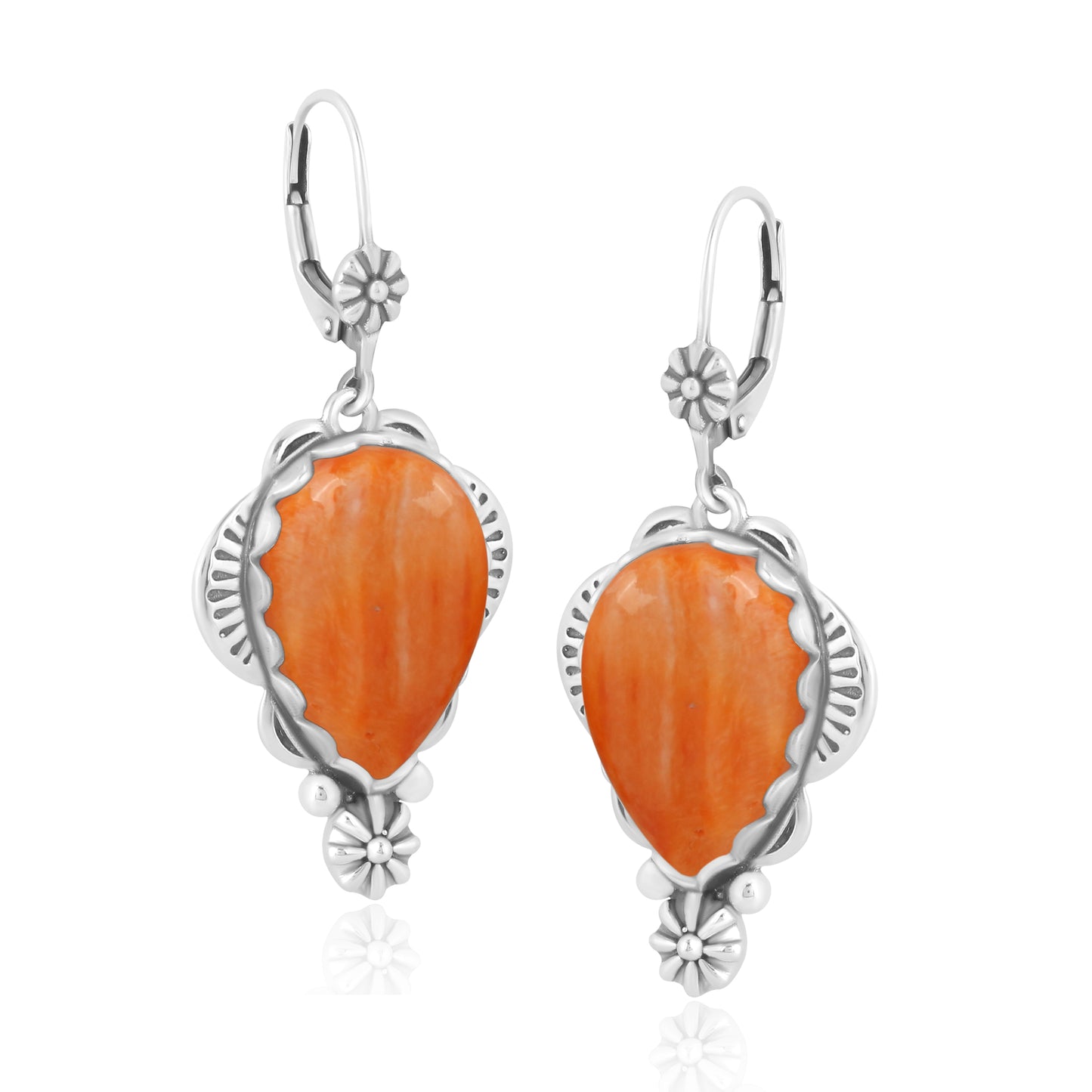 Sterling Silver Orange Spiny Oyster Pear-Cut Concha Dangle Earrings