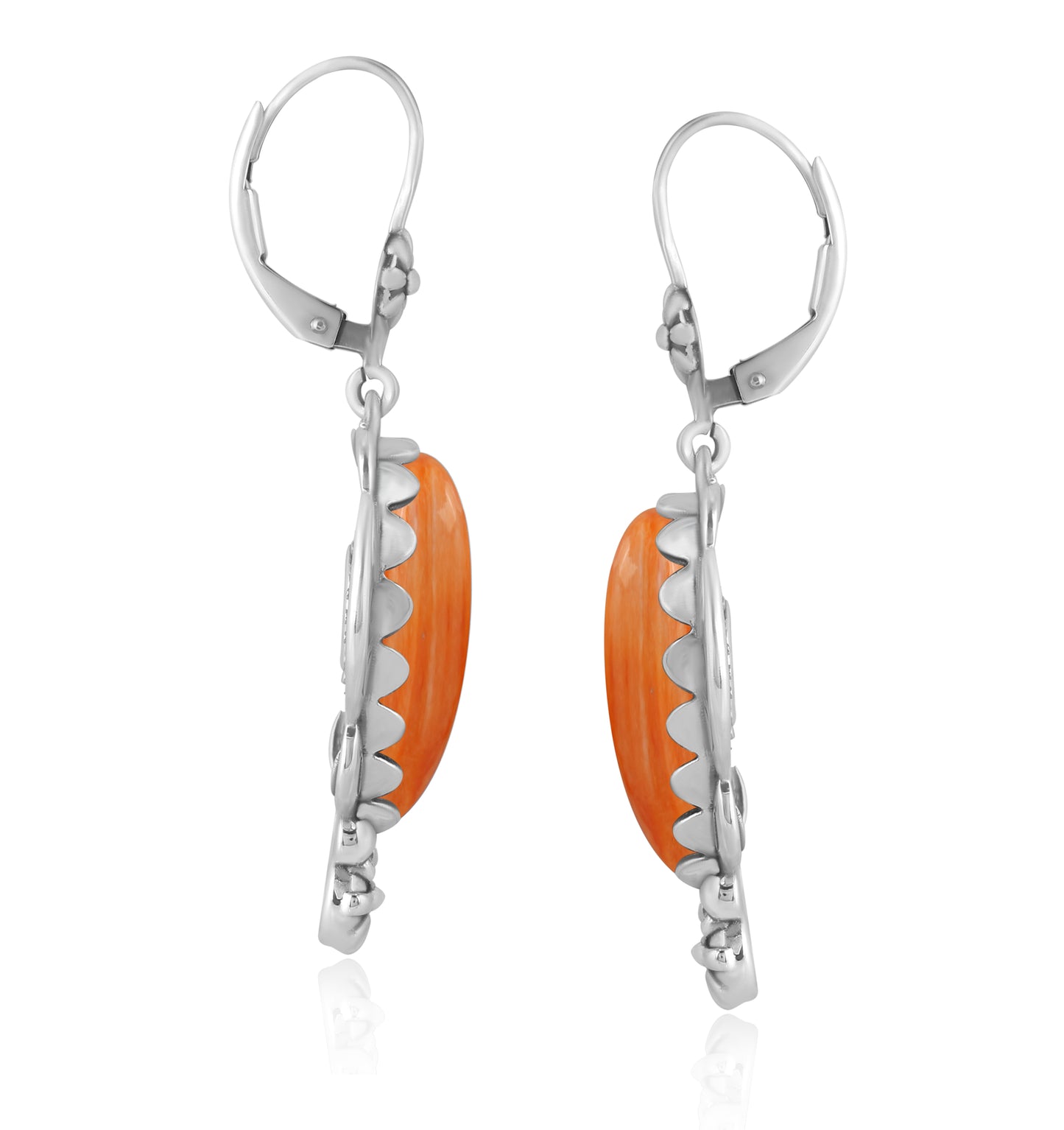 Sterling Silver Orange Spiny Oyster Pear-Cut Concha Dangle Earrings