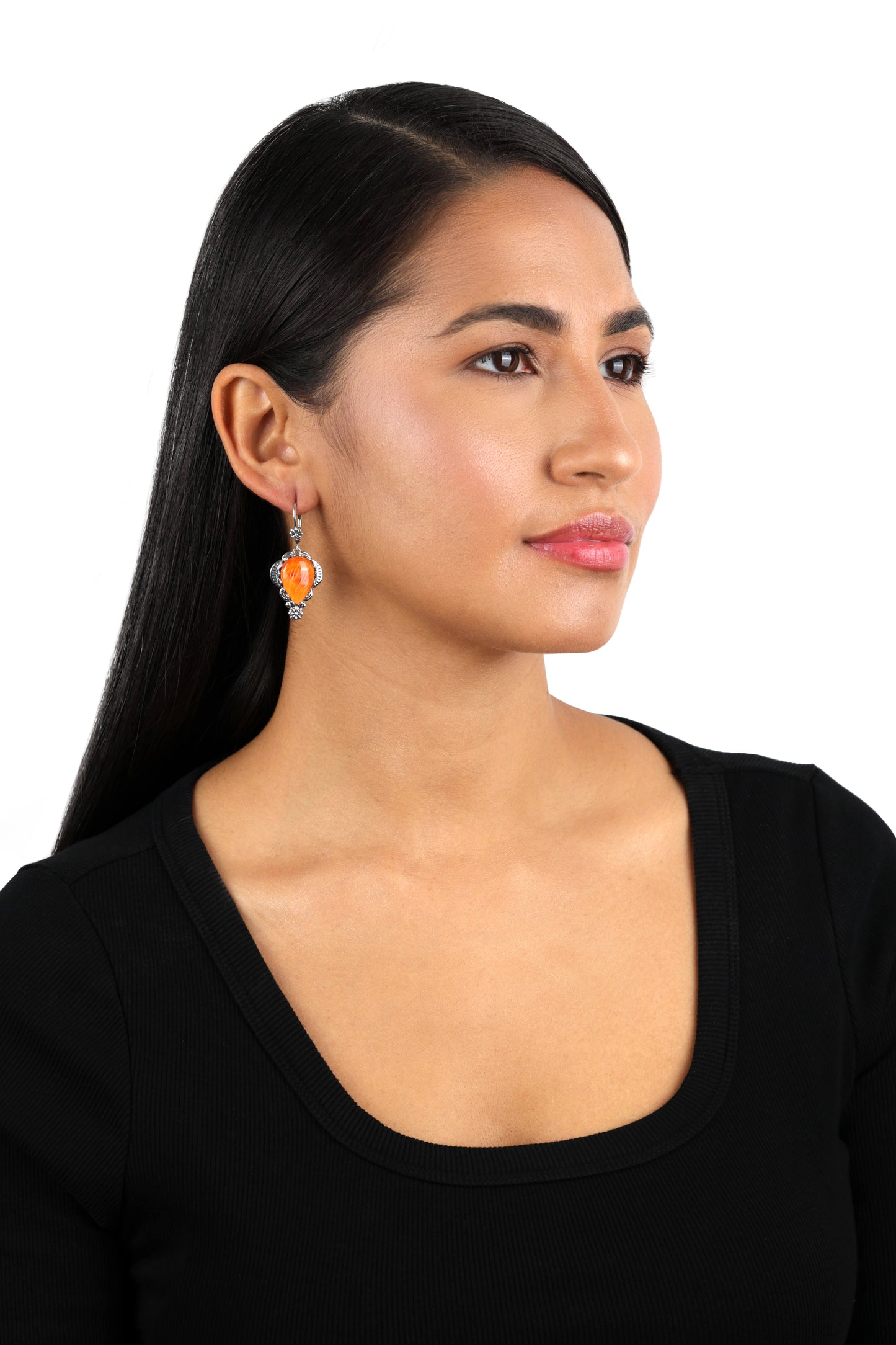 Sterling Silver Orange Spiny Oyster Pear-Cut Concha Dangle Earrings