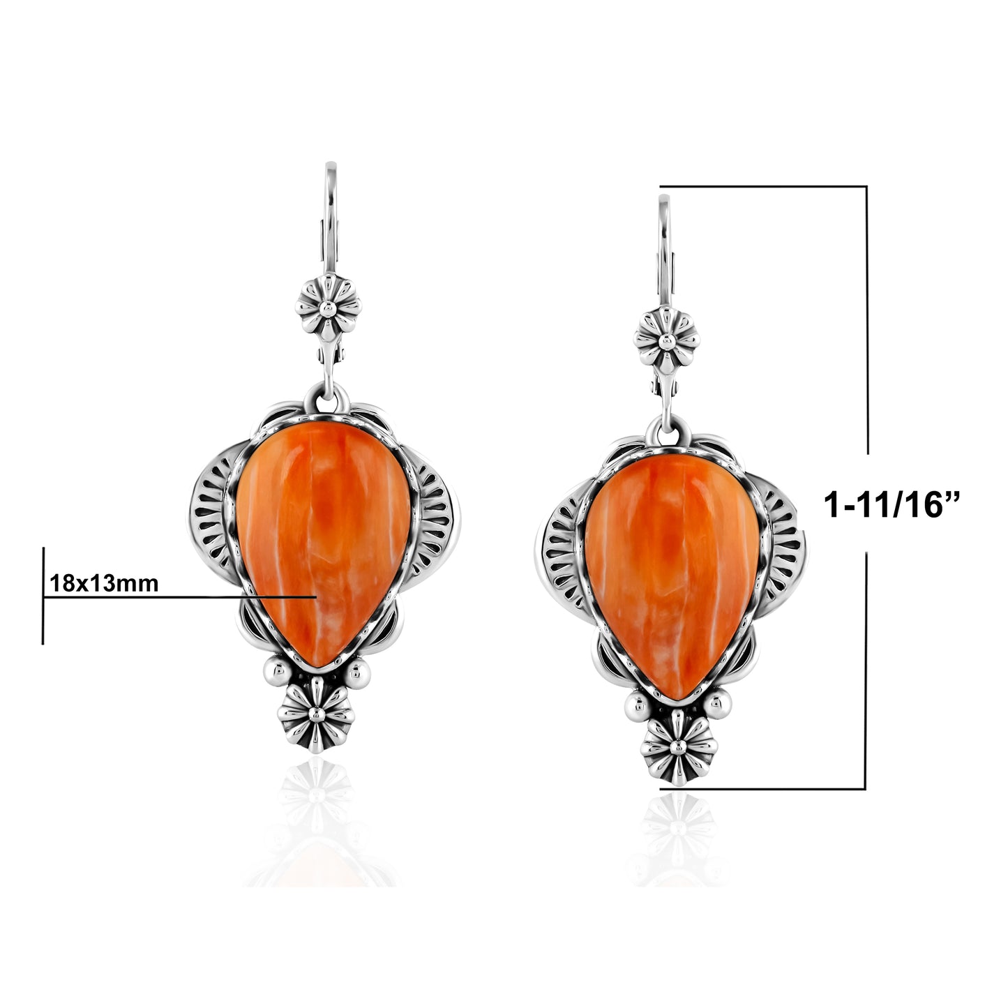 Sterling Silver Orange Spiny Oyster Pear-Cut Concha Dangle Earrings
