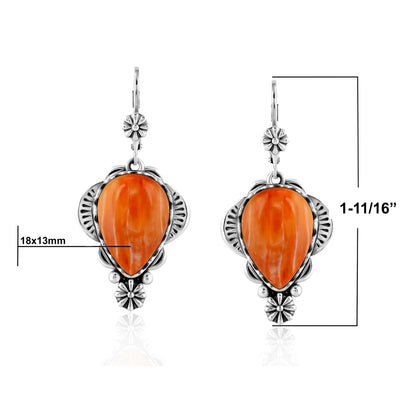 Sterling Silver Orange Spiny Oyster Pear-Cut Concha Dangle Earrings
