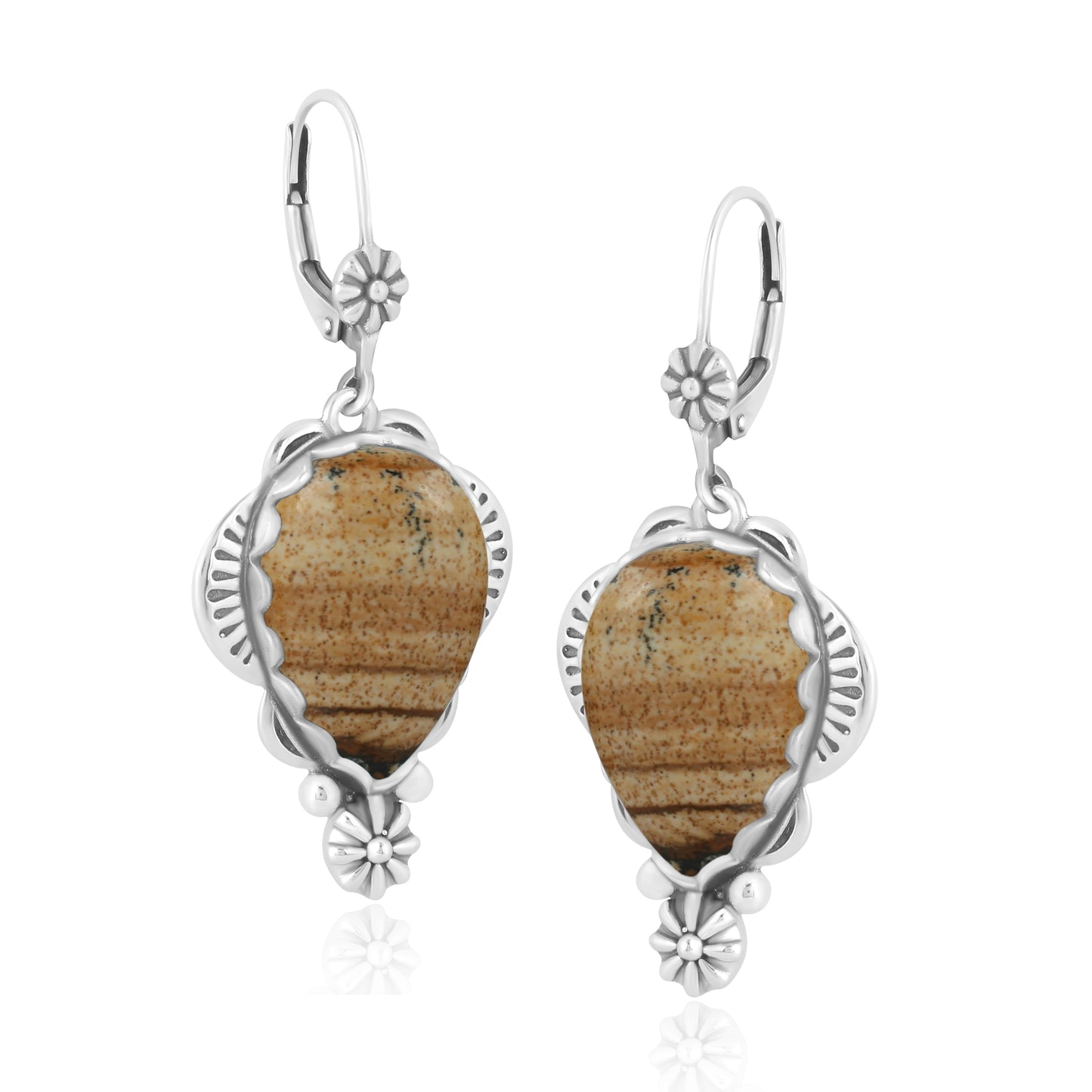 Sterling Silver Picture Jasper Pear-Cut Concha Earrings