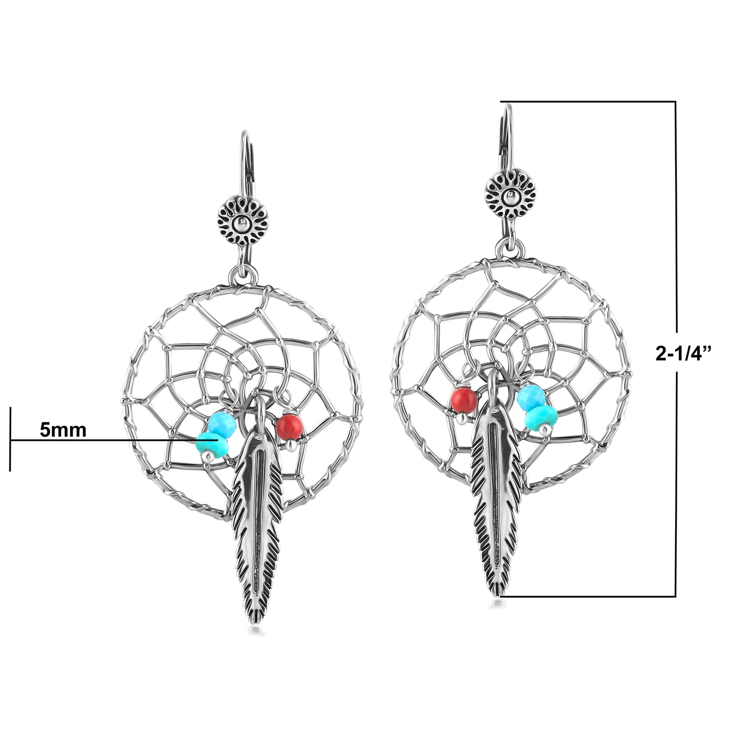 Sterling Silver Kingman Turquoise and Red Coral Dreamcatcher Feather Dangle Earrings