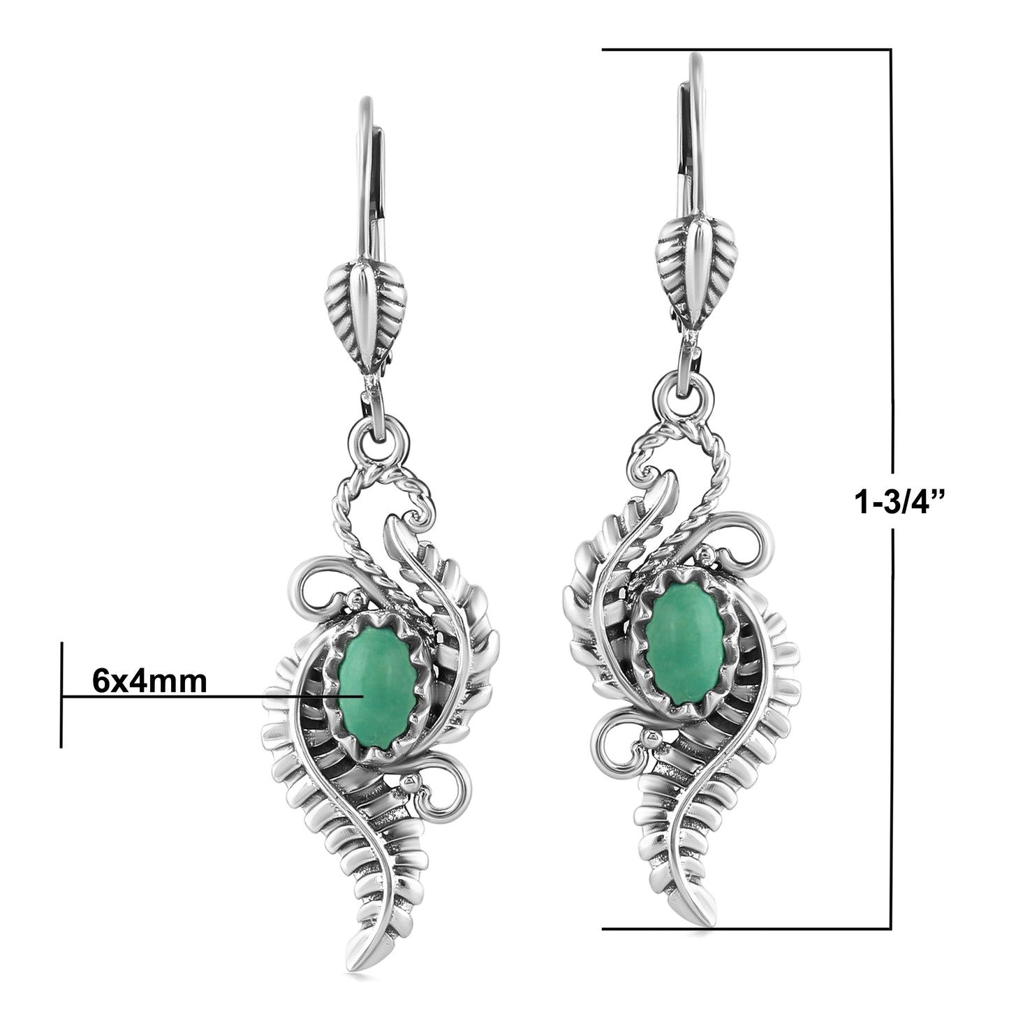 Sterling Silver Green Turquoise Vine and Leaf Dangle Earrings