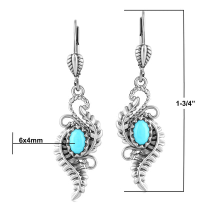 Sterling Silver Sleeping Beauty Turquoise Vine and Leaf Dangle Earrings