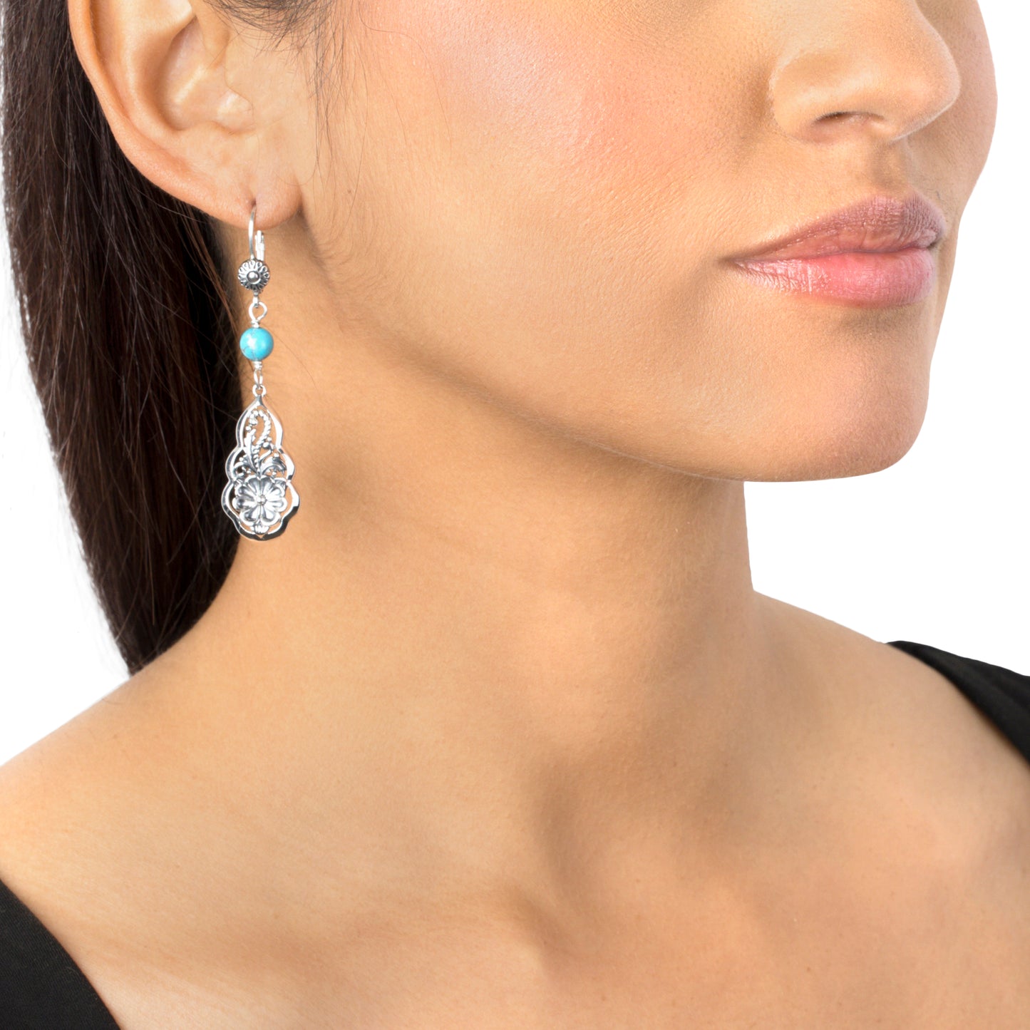 Sterling Silver Kingman Turquoise Flower Gemstone Bead Lever Back Earrings
