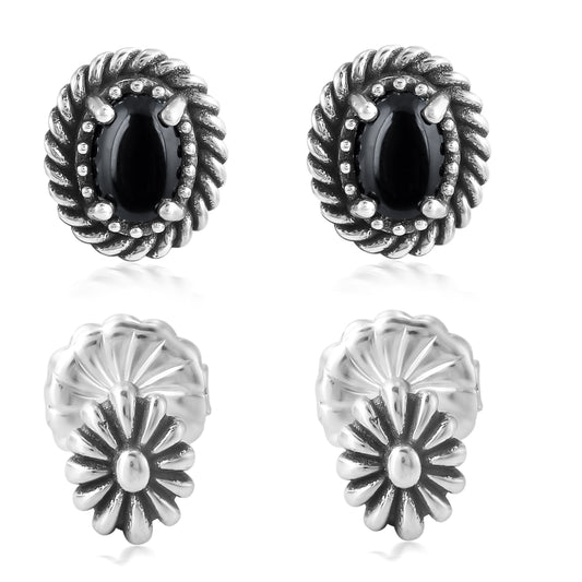EXCLUSIVELY OURS! Sterling Silver Black Agate Oval Rope and Concha Flower Stud Earring Set