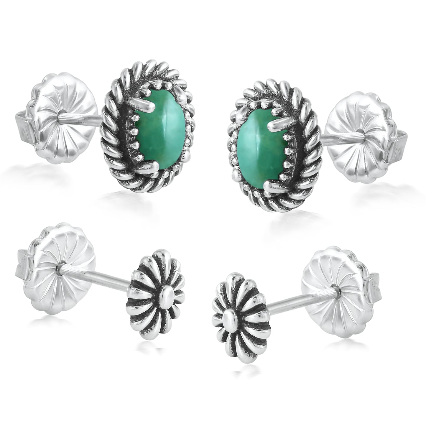 EXCLUSIVELY OURS! Sterling Silver Green Turquoise Oval Rope and Concha Flower Stud Earring Set