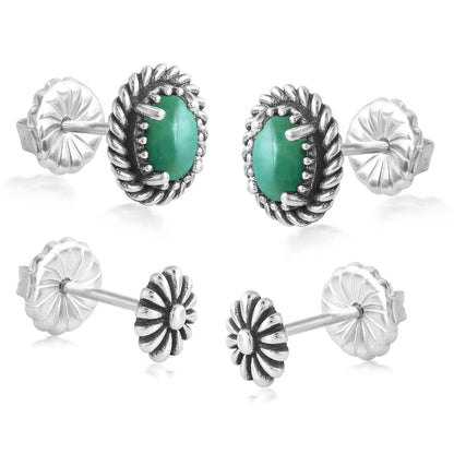 EXCLUSIVELY OURS! Sterling Silver Green Turquoise Oval Rope and Concha Flower Stud Earring Set