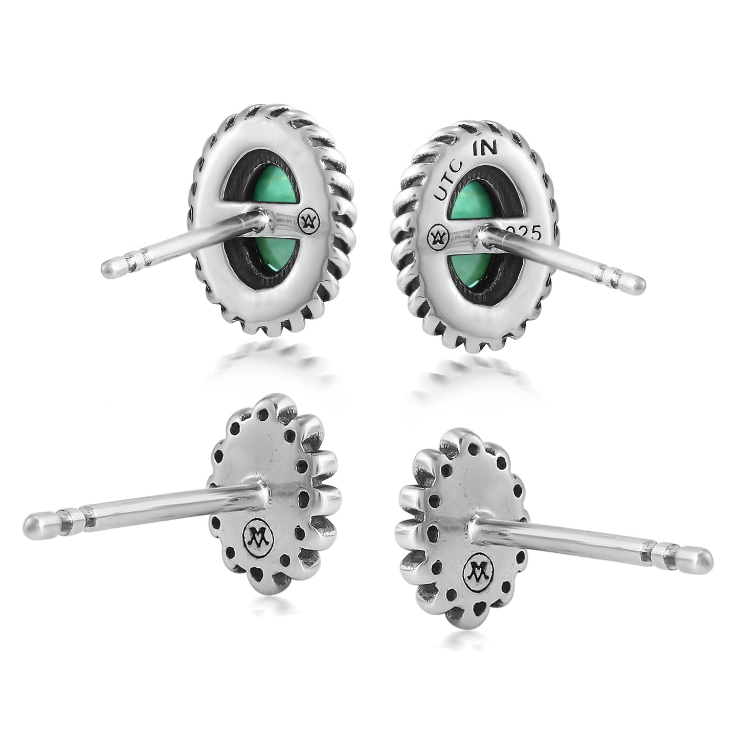 EXCLUSIVELY OURS! Sterling Silver Green Turquoise Oval Rope and Concha Flower Stud Earring Set