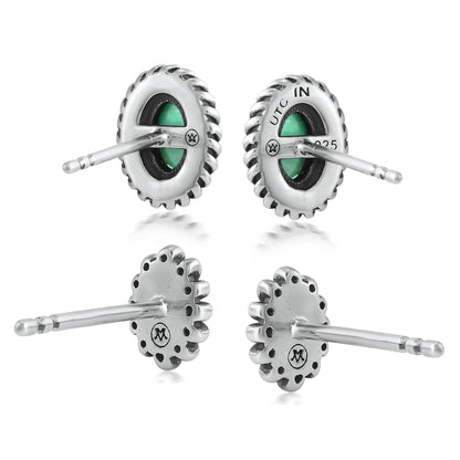 EXCLUSIVELY OURS! Sterling Silver Green Turquoise Oval Rope and Concha Flower Stud Earring Set
