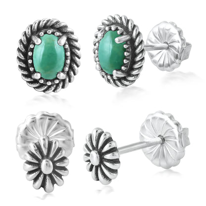 EXCLUSIVELY OURS! Sterling Silver Green Turquoise Oval Rope and Concha Flower Stud Earring Set