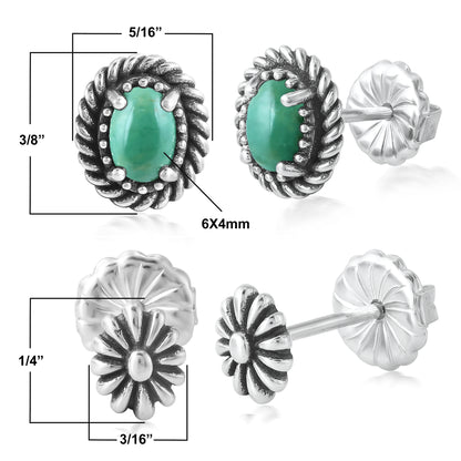 EXCLUSIVELY OURS! Sterling Silver Green Turquoise Oval Rope and Concha Flower Stud Earring Set