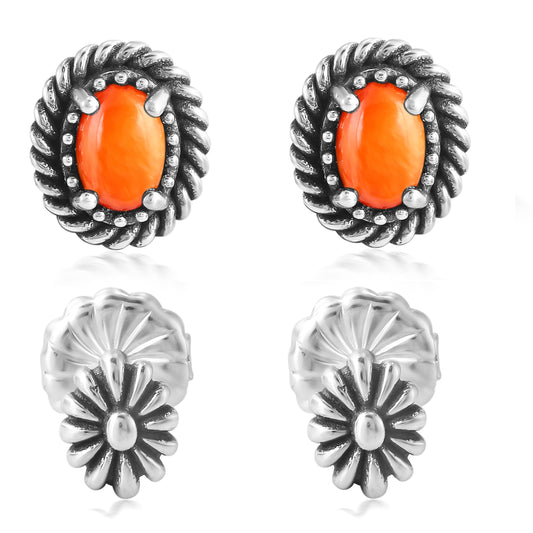 EXCLUSIVELY OURS! Sterling Silver Orange Spiny Oyster Oval Rope and Concha Flower Stud Earring Set