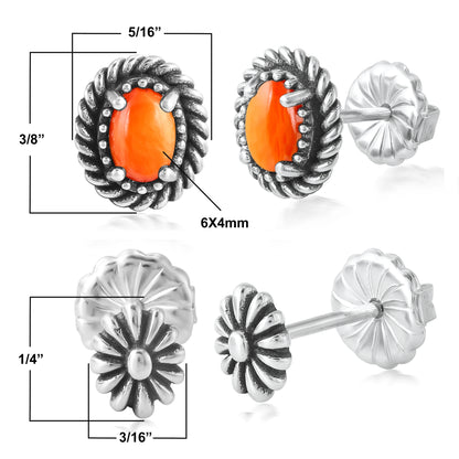 EXCLUSIVELY OURS! Sterling Silver Orange Spiny Oyster Oval Rope and Concha Flower Stud Earring Set