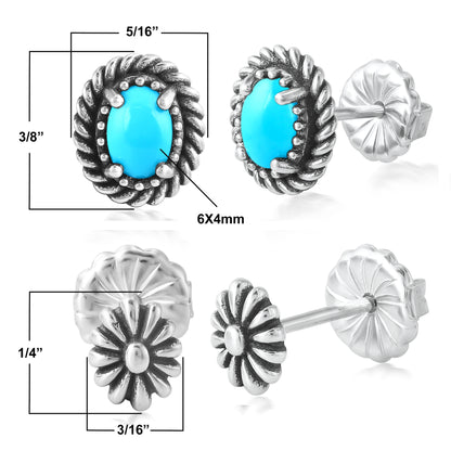 EXCLUSIVELY OURS! Sterling Silver Sleeping Beauty Turquoise Oval Rope and Concha Flower Stud Earring Set