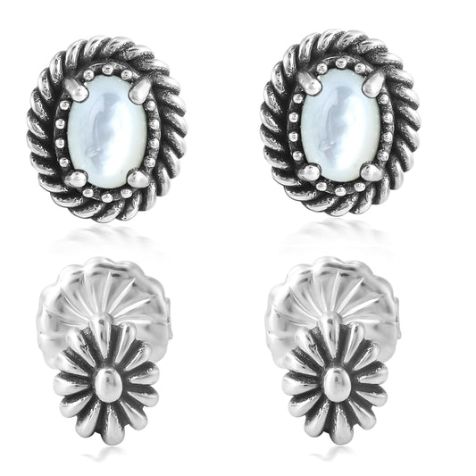 EXCLUSIVELY OURS! Sterling Silver White Mother of Pearl Oval Rope and Concha Flower Stud Earring Set