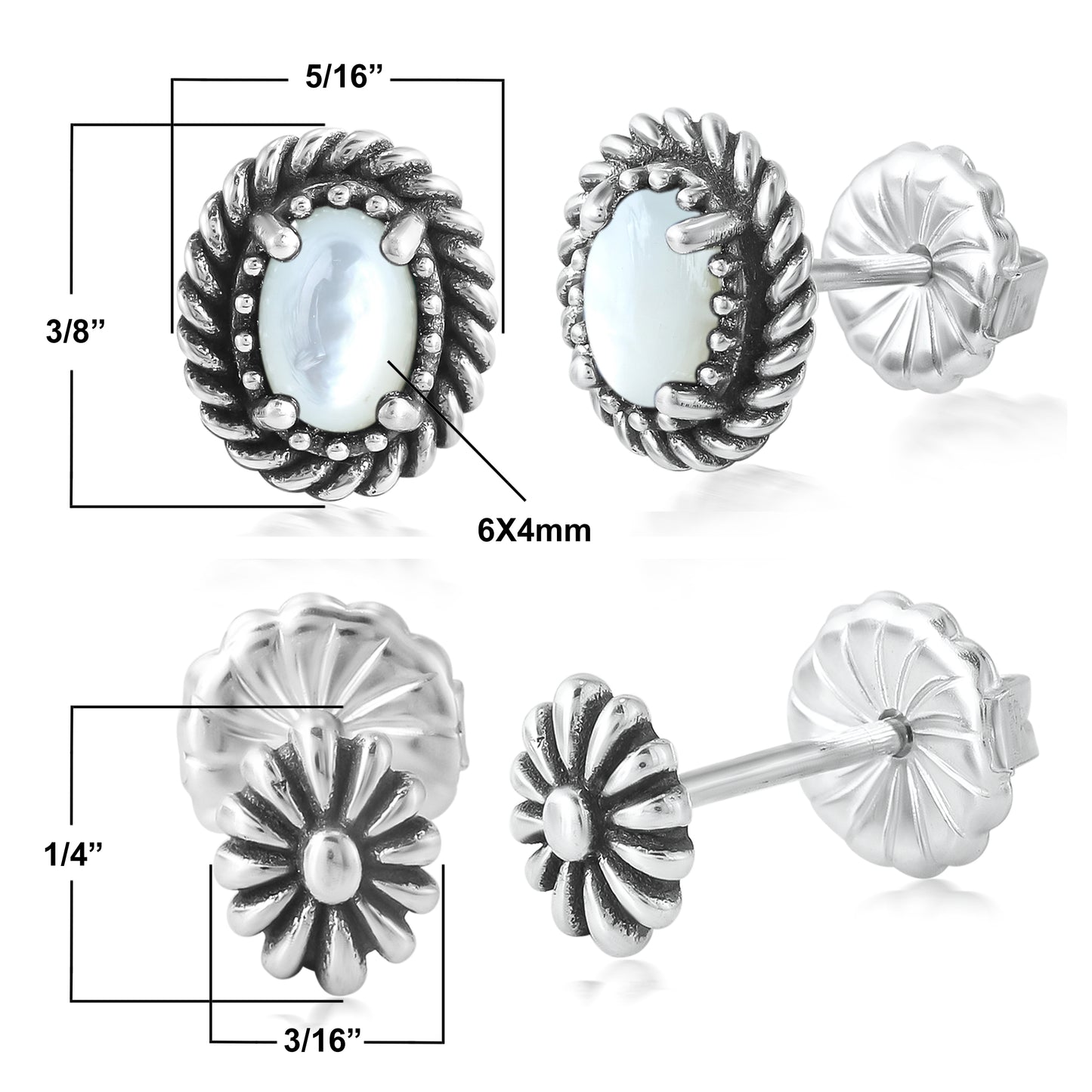 EXCLUSIVELY OURS! Sterling Silver White Mother of Pearl Oval Rope and Concha Flower Stud Earring Set