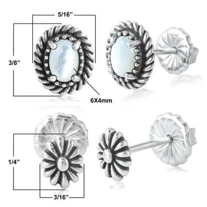 EXCLUSIVELY OURS! Sterling Silver White Mother of Pearl Oval Rope and Concha Flower Stud Earring Set