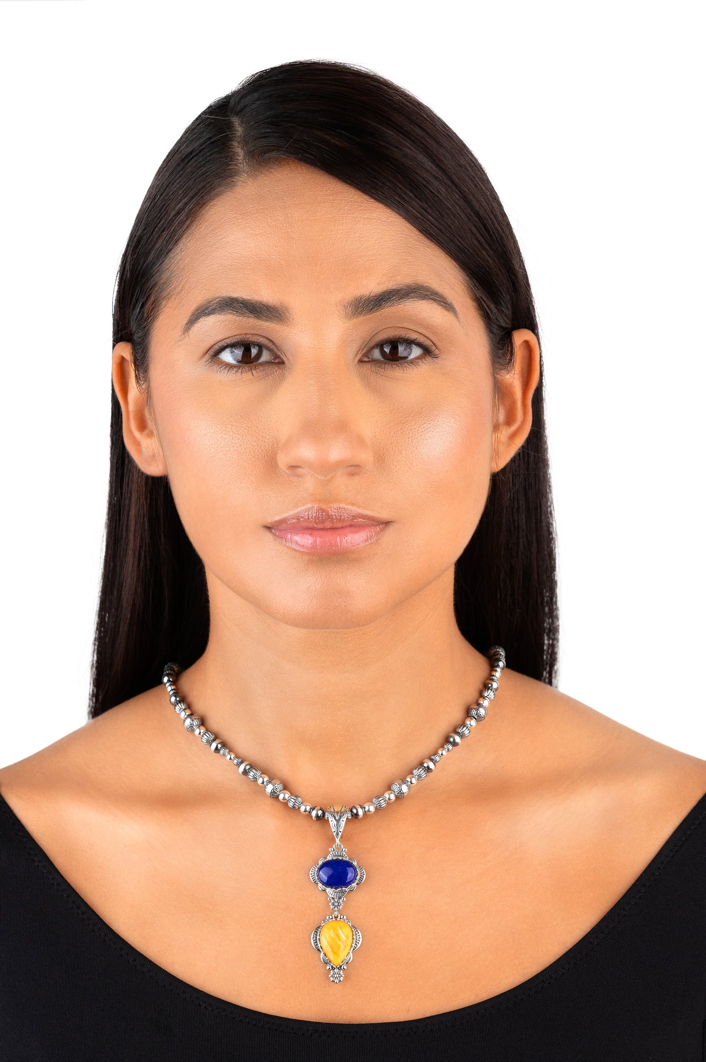 Sterling Silver Pear and Oval Lapis and Orange Spiny Oyster Linear Pendant Enhancer