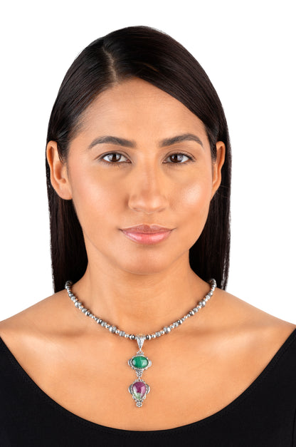 Sterling Silver Pear and Oval Ruby Zoisite and Malachite Linear Pendant Enhancer